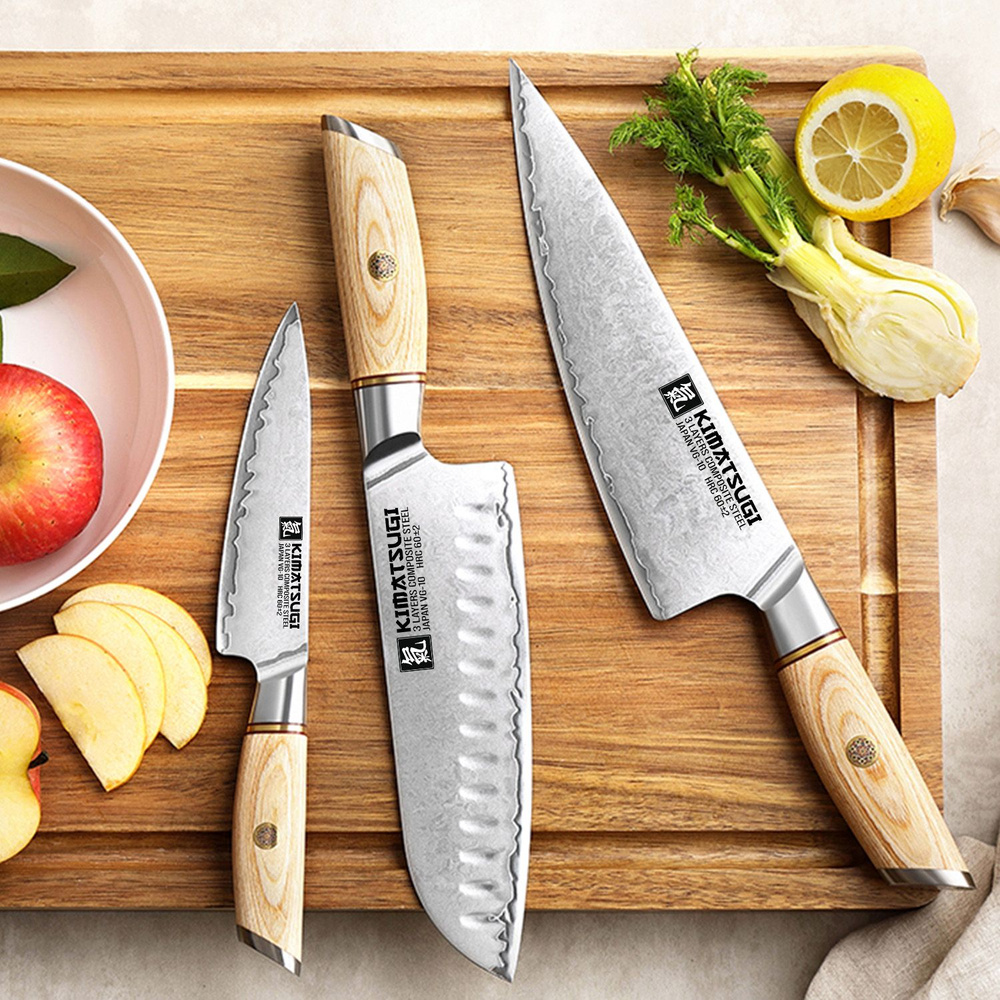 Kimatsugi / Набор японских кухонных ножей. Серия Yorokobi. 3 предмета. Дамасская сталь 3 слоя. VG-10 #1