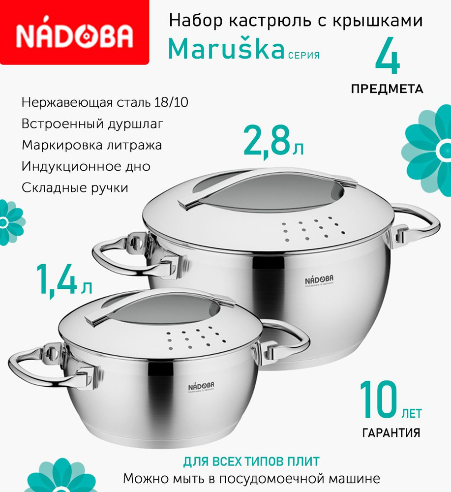 Набор 4 предмета Кастрюля с крышкой NADOBA 2.8л, 1.4л, нержавеющая сталь, стекло  #1