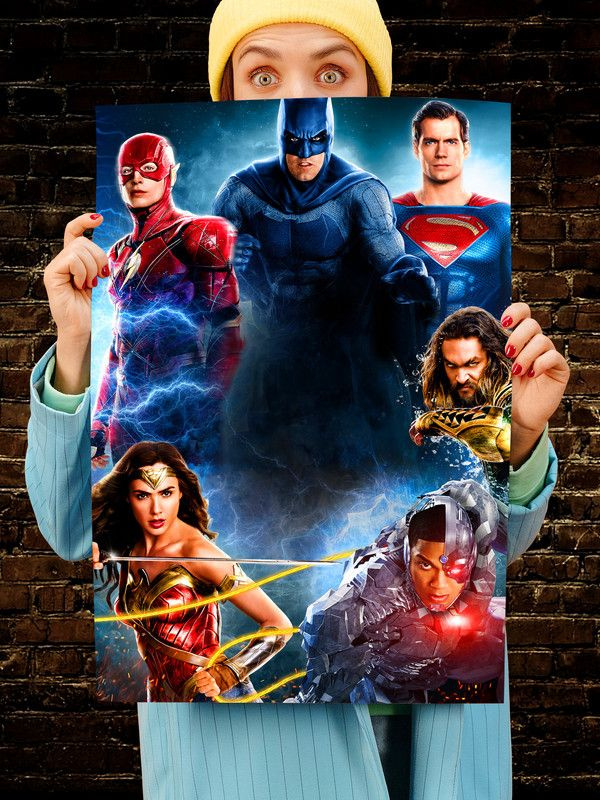 Постер интерьерный Лига справедливости 3, 70х46 см. Матовый яркий. Супергерои Бэтмен Чудо Женщина Аквамен #1