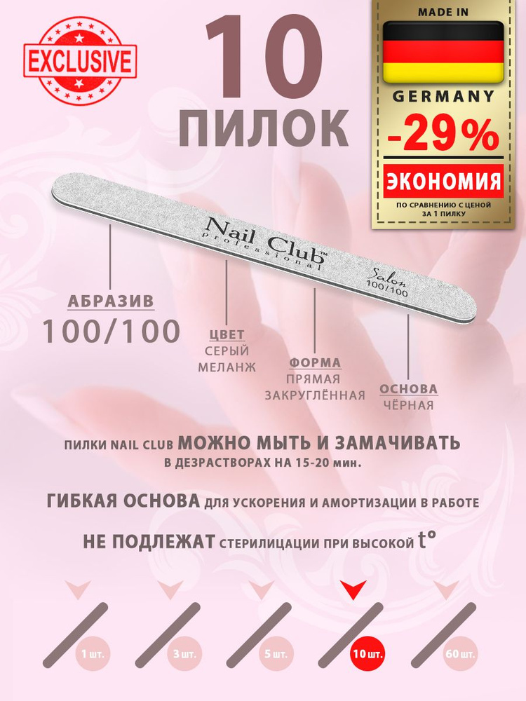 Nail Club professional Маникюрная пилка для опила ногтей серая Salon, форма узкая прямая, абразив 100/100, #1