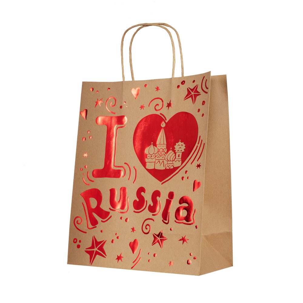 Пакет подарочный крафтовый для упаковки подарков Люблю Россию 26х32,4х12,7см  #1