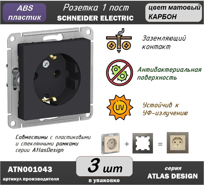 Розетка Systeme Electric (ex. Шнайдер Электрик) серии AtlasDesign ATN0001043 с заземлением, 16А, без #1