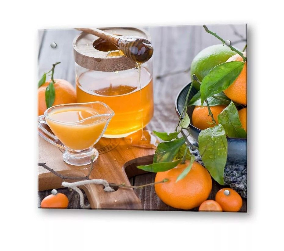 Защитное закаленное стекло для фартука на кухню. Защитный кухонный экран из стекла "Апельсины и мед" #1