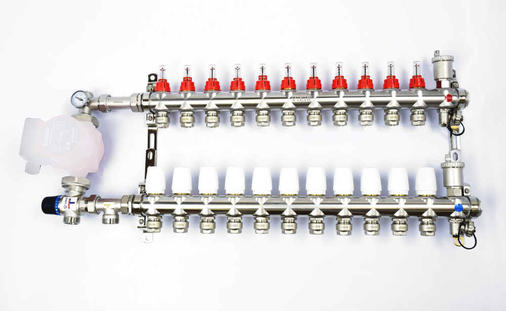 Комплект для теплого пола на 11 выходов (Коллектор VR116-11AK на 11 контуров, Евроконусы, Насосно-Смесительный #1
