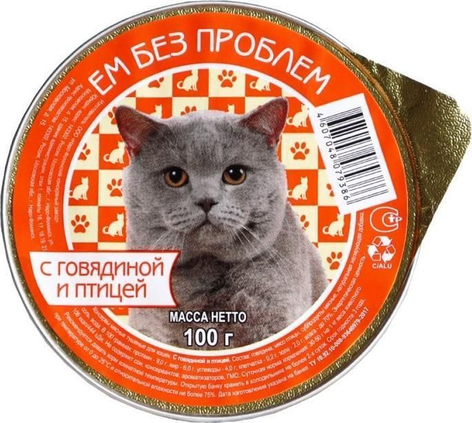 Корм для кошек влажный Ем без проблем для взрослых животных, консервы с говядиной и птицей 100г  #1