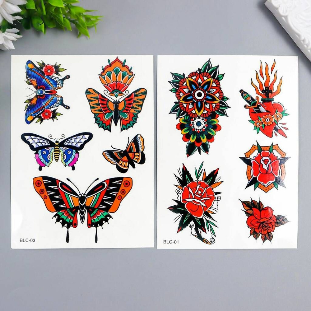 Татуировка на тело цветная "Бабочки и розы. Мексика" 15х11 см  #1