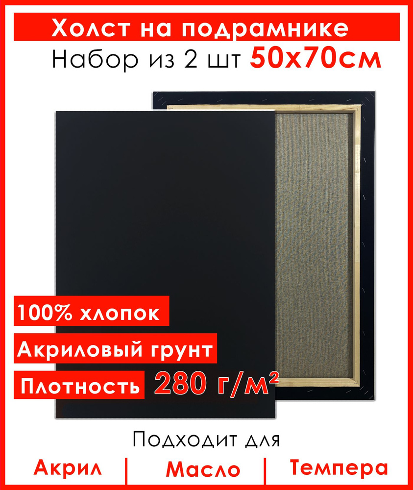 Холст грунтованный на подрамнике 50х70 см, 100% хлопок, для рисования, набор 2 шт.  #1