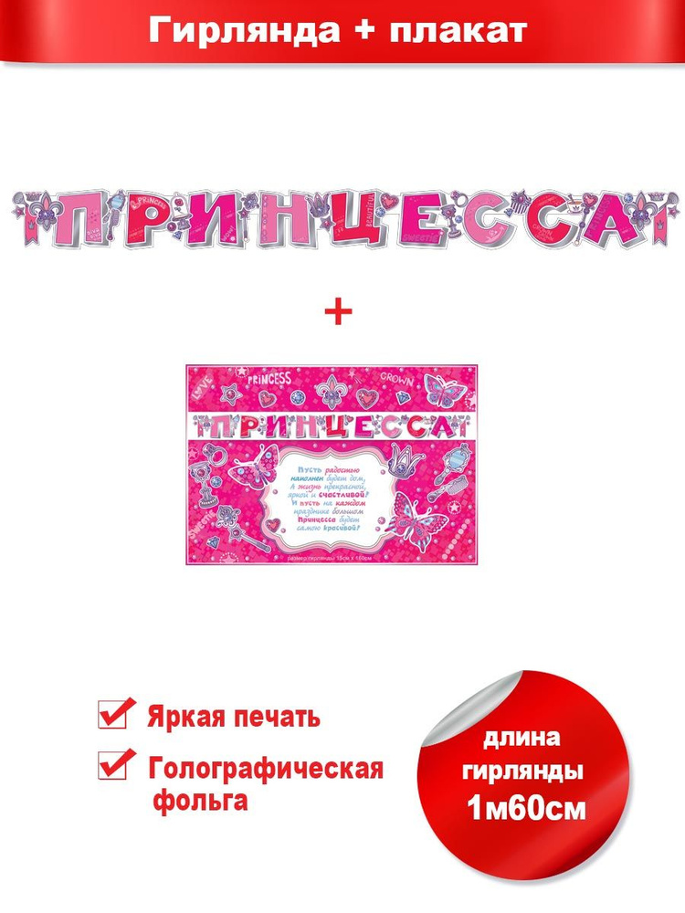 Растяжка С Днем Рождения "Принцесса!", ФДА.card, 160х15 см, картон  #1