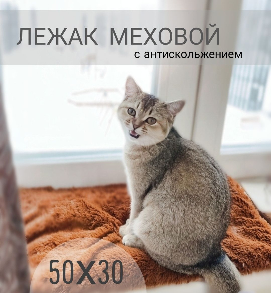 лежанка для кошки на подоконник, на окно, 50х30см, бурый коврик, подстилка, подушка меховая  #1