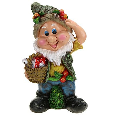 Скульптура-фигура для сада из полистоуна "Гномик с ягодами на шапке и корзинкой" 29х47см (Россия)  #1