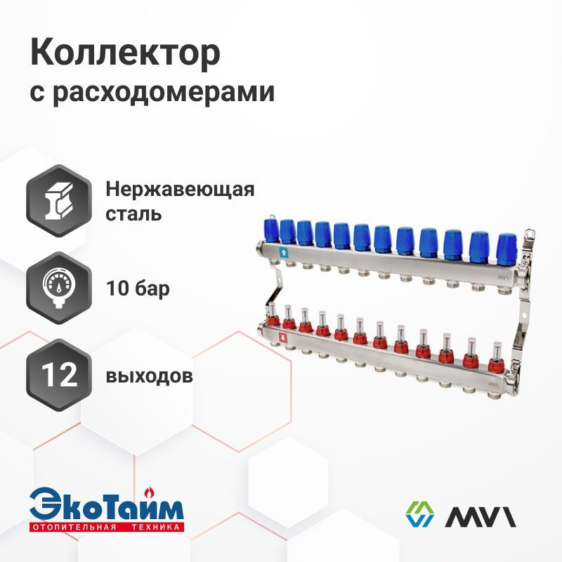 Коллектор MVI из нержавеющей стали в сборе с расходомерами 12 выходов / контуров / отводов  #1