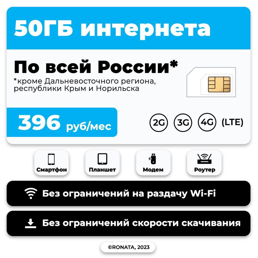 SIM-карта Тариф для планшета с 50 гб интернета 3G/4G/LTE за 396 руб/мес  (модемы, роутеры, планшеты) + в тариф включена раздача (Вся Россия) -  купить с доставкой по выгодным ценам в интернет-магазине OZON (