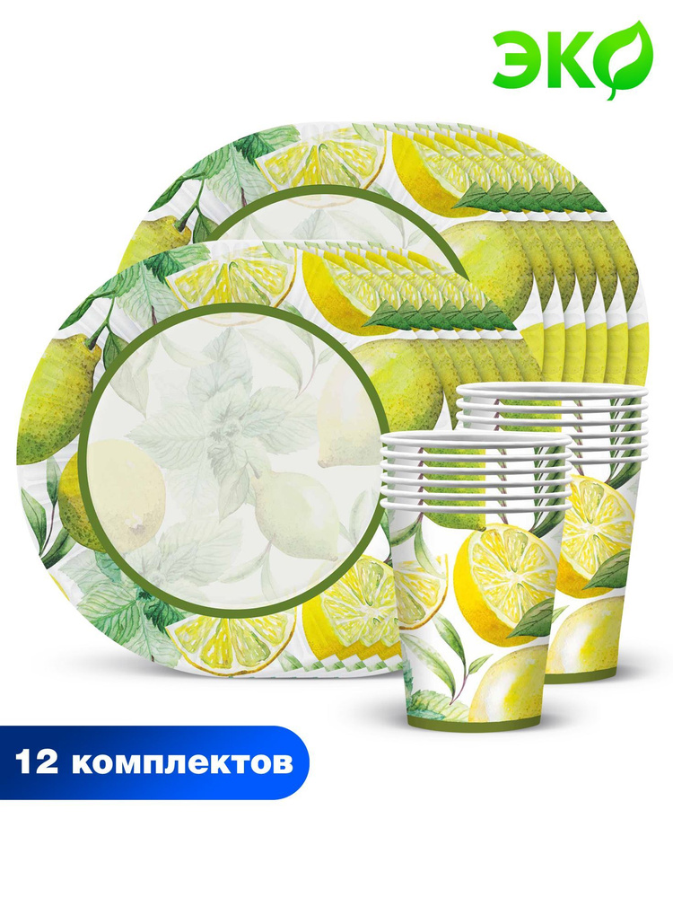 Набор бумажной одноразовой посуды для праздника ND Play / Лимоны (тарелка 23 см., стакан, по 12 шт.) #1