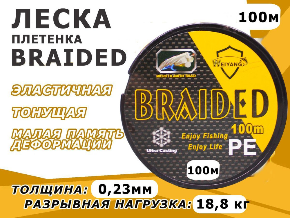 Леска плетенка для рыбалки BRAIDED 100 м, 0,23 мм, 18,8 кг #1