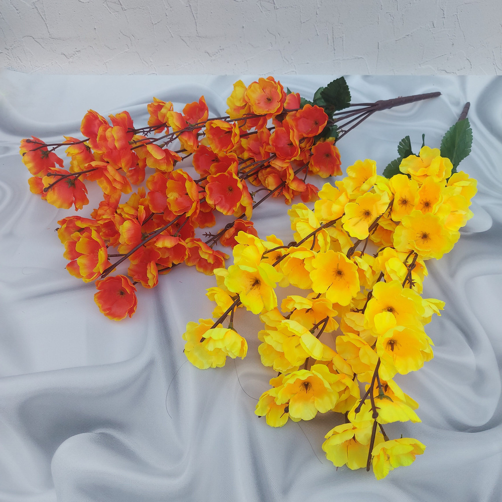 Искусственные цветы на кладбище. Ветки сакуры оранжевые и желтые 2 шт. / 60 см высота / Ритуальные букеты #1