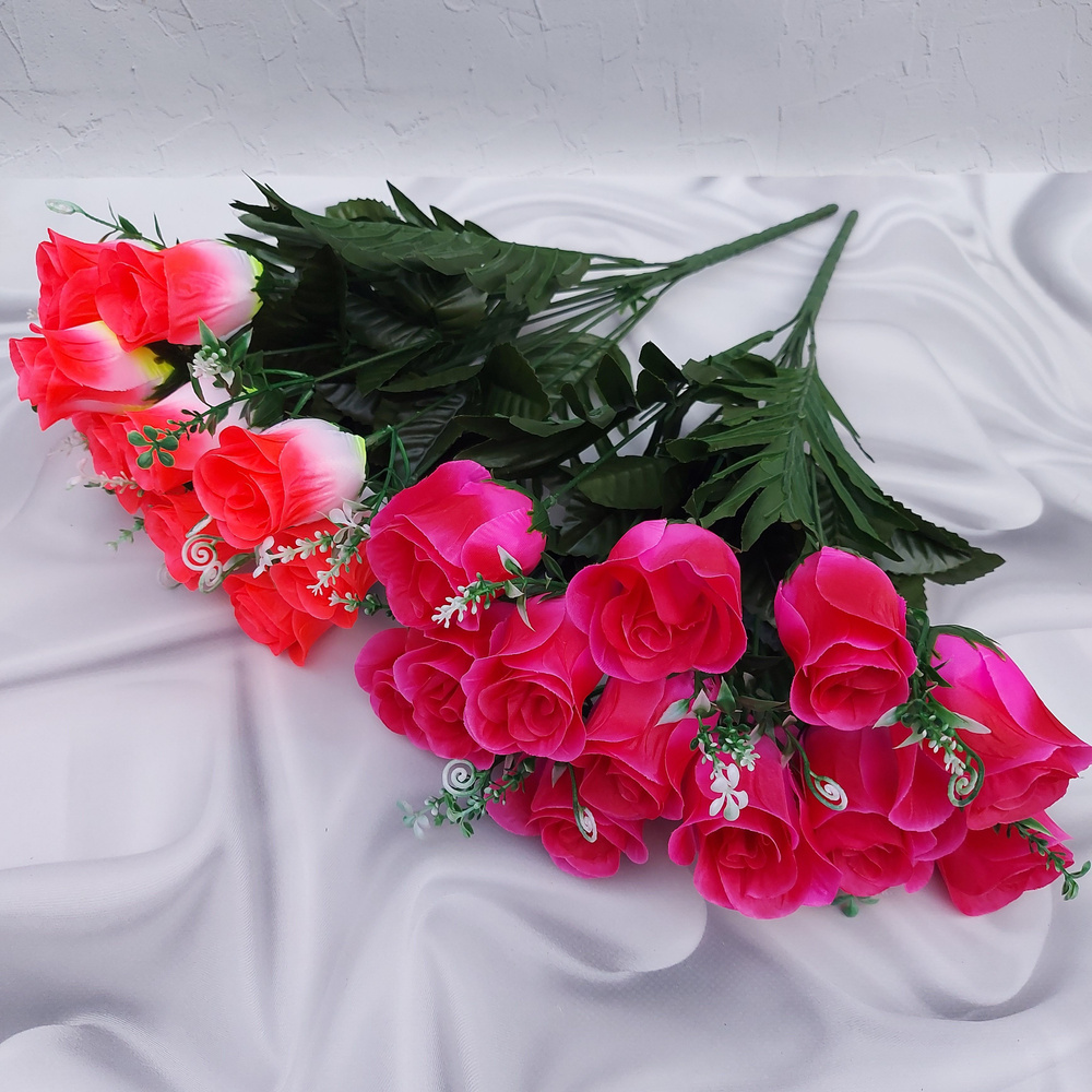 Два букета клумбовых роз малиновые и розовые / Высота 50 см, 12-13 бутонов / Искусственные цветы на кладбище, #1