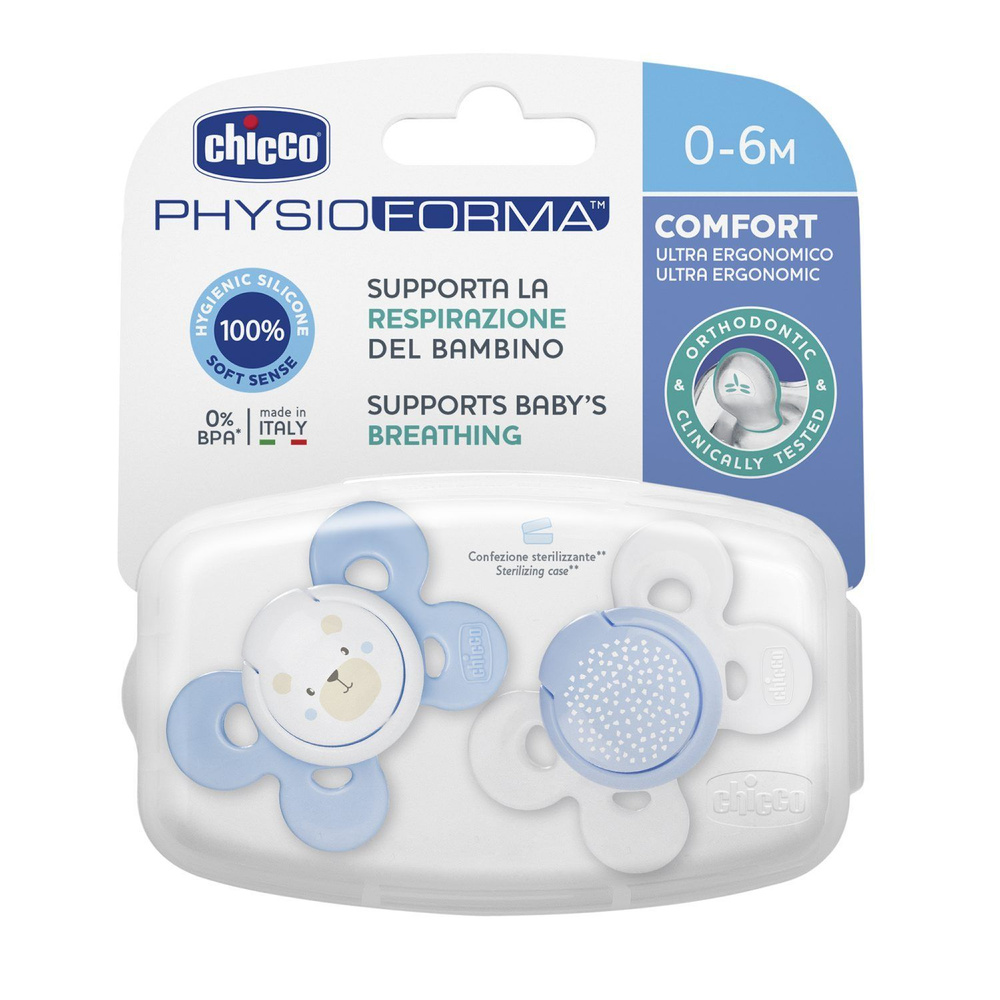 CHICCO Соска-пустышка Physio Comfort,2шт.,0-6мес.,силикон, Blue,рис. собачка, горошек  #1