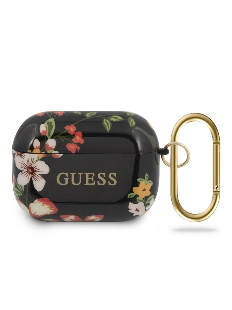 Чехол Guess TPU на Apple Airpods Pro / для Аипордс Про тонкий силиконовый с карабином, цветочный черный #1