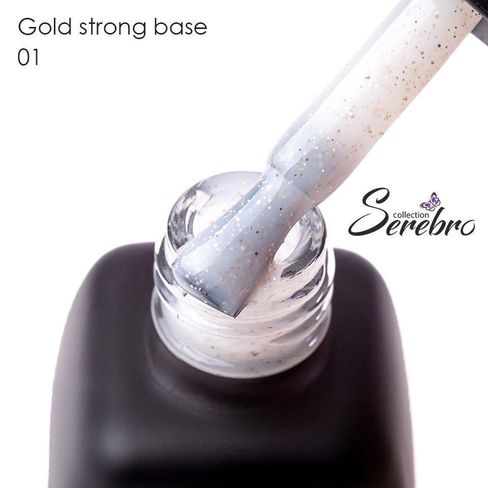 Serebro, Gold strong base - Камуфлирующая база для ногтей, гель лака с золотыми блестками №01, 11 мл #1