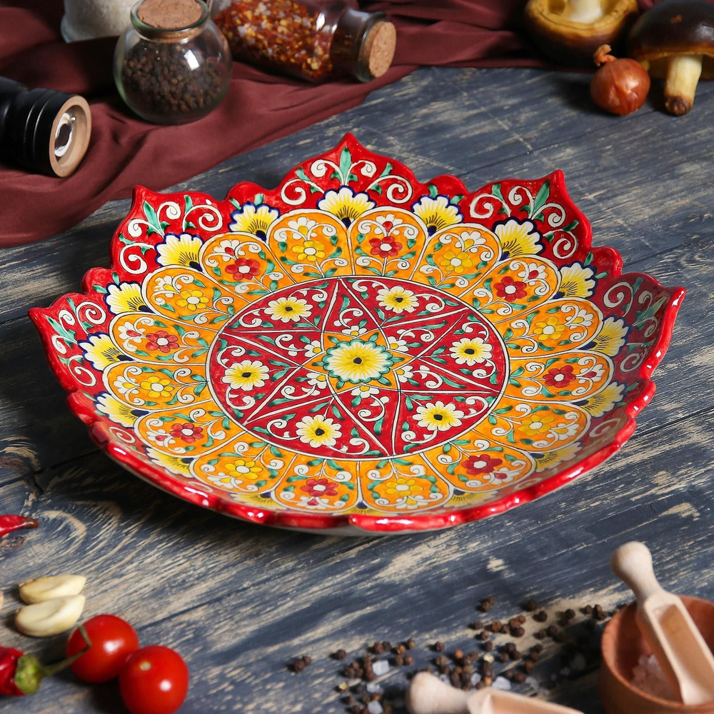 Блюдо Ляган рифленый Риштанская Керамика "Цветы", диаметр 32 см  #1