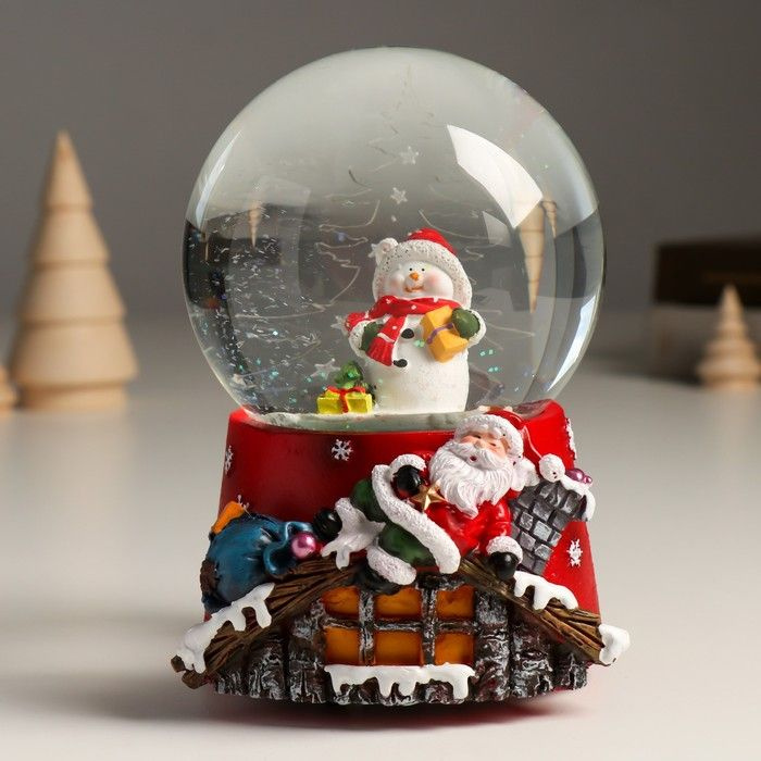 Стеклянный новогодний снежный шар музыка механ. "Снеговик и спящий Дед Мороз" 11,5х11,5х14 см  #1