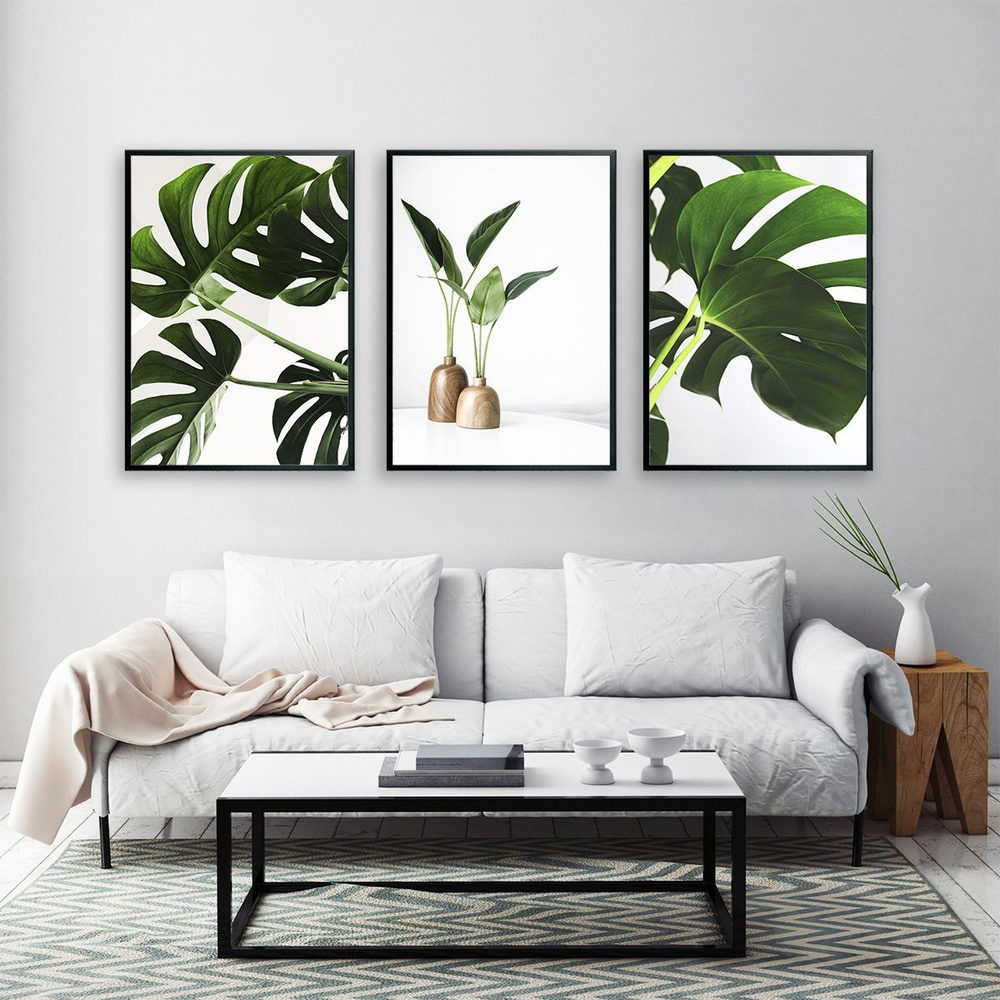 Постеры на стену "Зеленые листья природы", постеры интерьерные 50х70 см, 3 шт.  #1