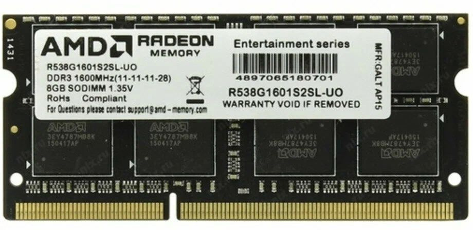 AMD Оперативная память Оперативная память SO-DIMM DDR3L 8Gb 1600MHz pc-12800 (R538G1601S2SL-UO) оем 1x8 #1