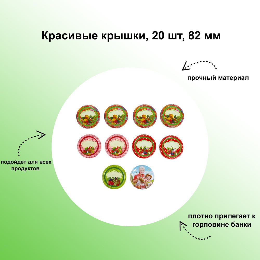 Красивые крышки, 20 шт, 82 мм, для заготовки варений и солений, в комплекте. Яркий, красочный дизайн #1