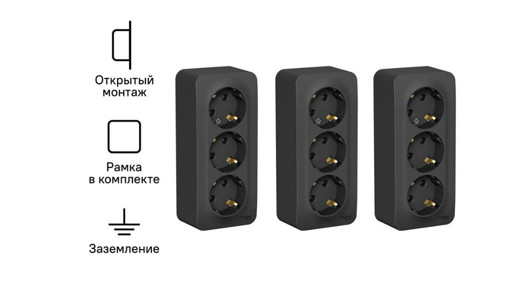 Розетка тройная накладная Blanca Schneider Electric черная с заземлением для открытой проводки BLNRA010316 #1