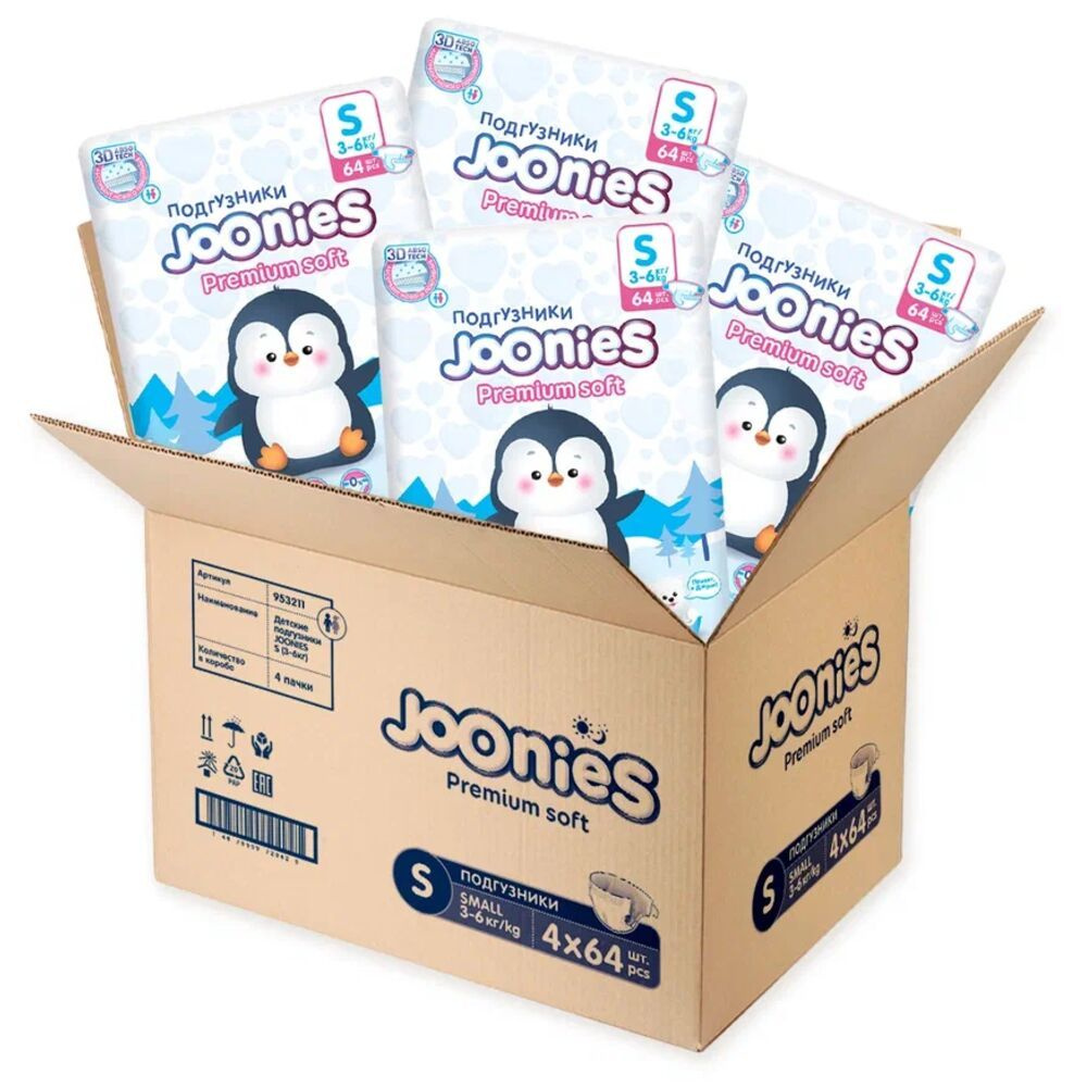 Joonies Подгузники Premium Soft, S (3-6 кг.), 64 шт., 4 упаковки #1