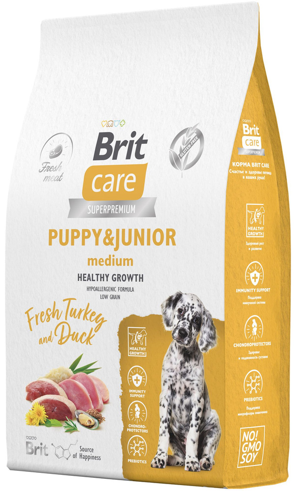 Корм Brit Care Superpremium Puppy & Junior M Healthy Growth Turkey & Duck (низкозерновой) для щенков #1