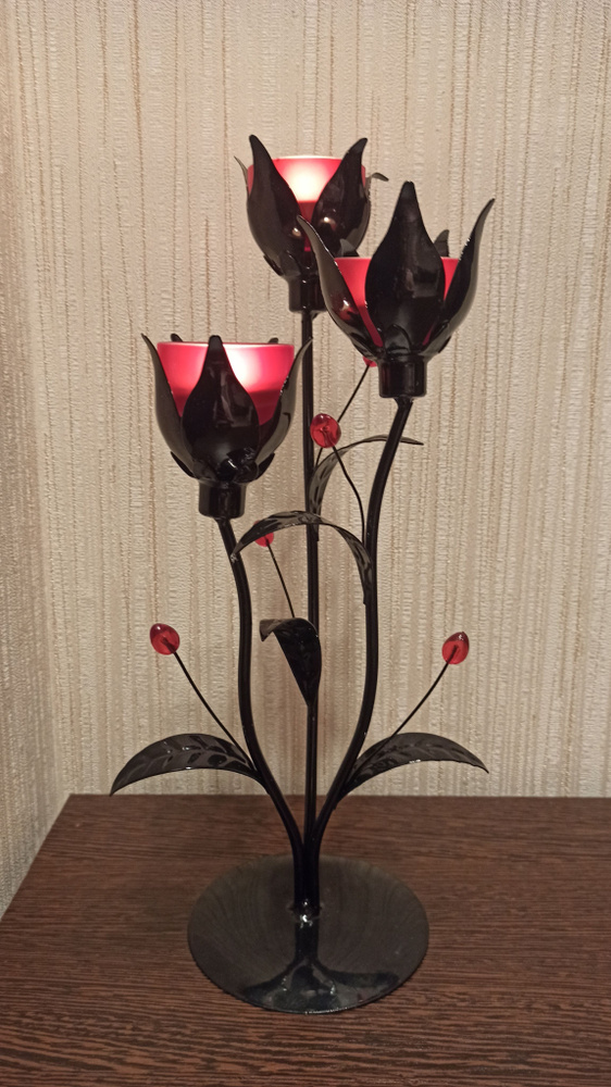 Подсвечник со свечой "Черно-Красный Тюльпан", тройной, высота 35,5см  #1