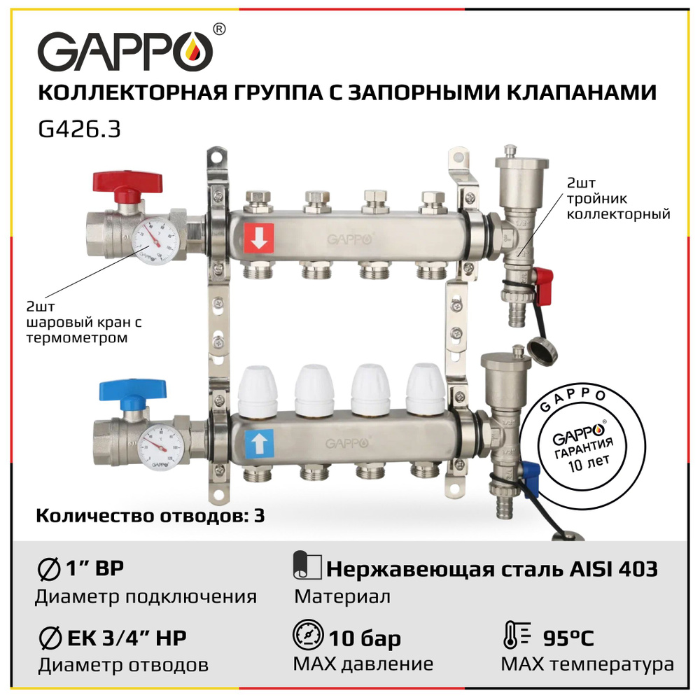 Коллектор регулируемый с запорными клапанами из нержавеющей стали Gappo G426.3 3-вых.x1"x3/4" уп. 1 шт. #1