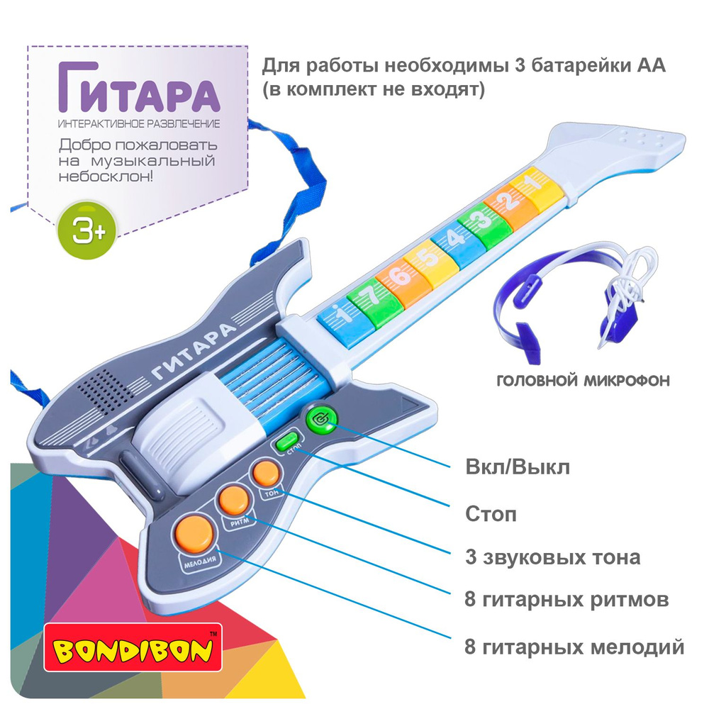 Гитара детская с головным микрофоном Bondibon музыкальный инструмент, развивающая игрушка, подарок  #1