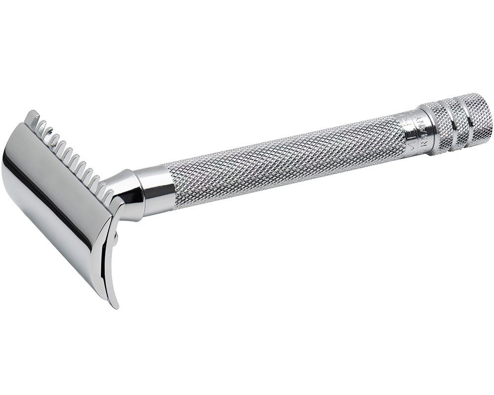 Cтанок Т- образный для бритья MERKUR, открытый зубчатый гребень, длинная ручка, глянцевое хромированное #1