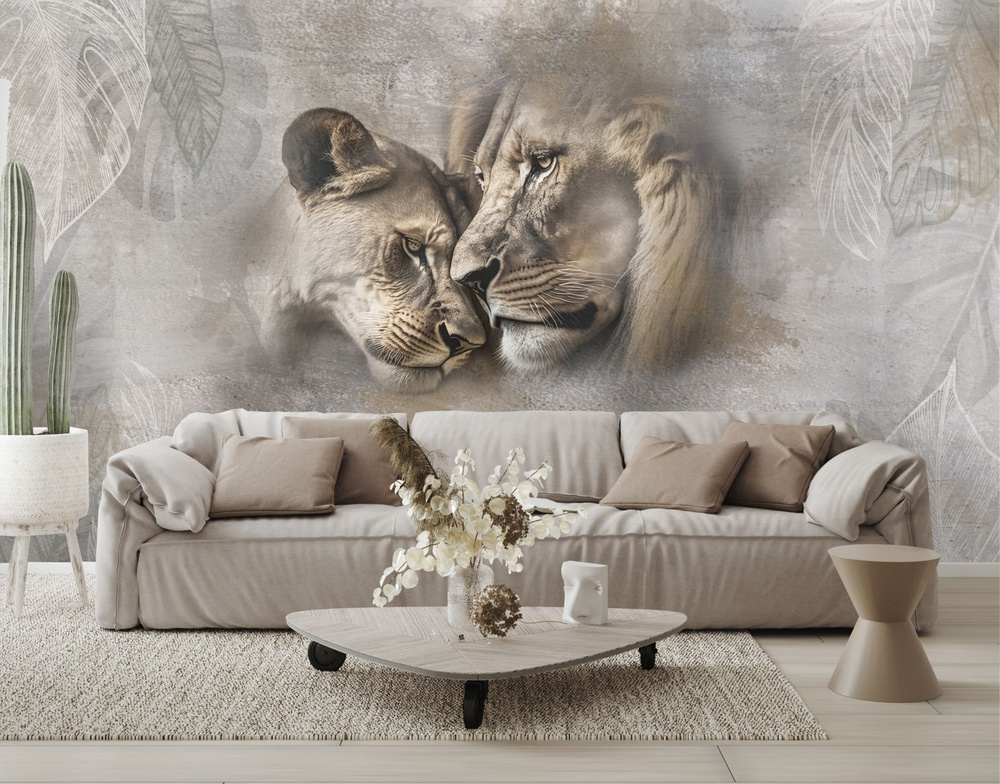 Фотообои флизелиновые на стену Dekor Vinil "Лев и львица в стиле гранж, лофт с листьями" 400х260 см. #1
