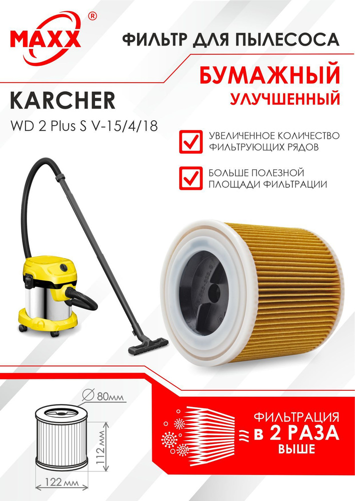 Патронный фильтр бумажный улучшенный для пылесоса Karcher WD 2 Plus S V-15/4/18  #1