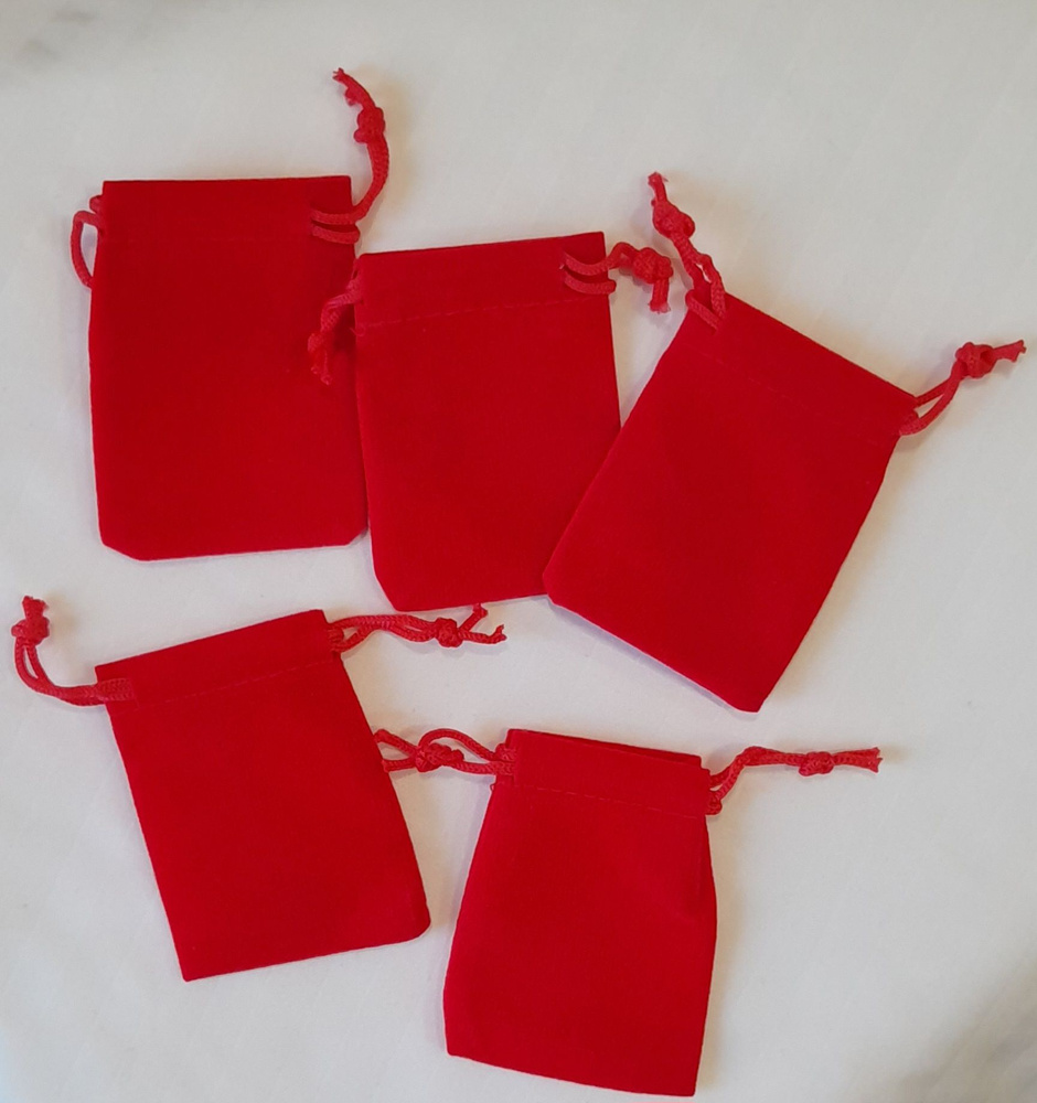 Подарочные мешочки красные 5 шт. бархатные 7х5 см затягивающийся шнурок  #1