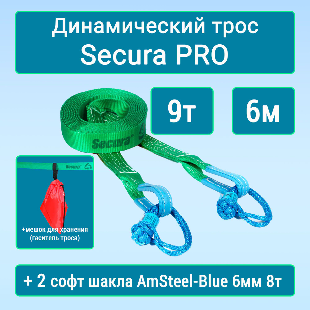 Динамическая стропа "Secura PRO" 9т 6м с софт шаклами AmSteel-Blue 6 мм "Double" (2 шт) и мешком для #1