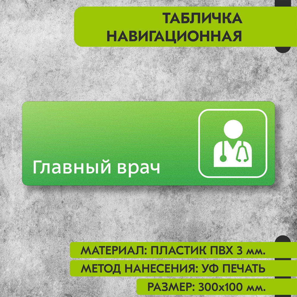 Табличка навигационная "Главный врач" зелёная, 300х100 мм., для офиса, кафе, магазина, салона красоты, #1