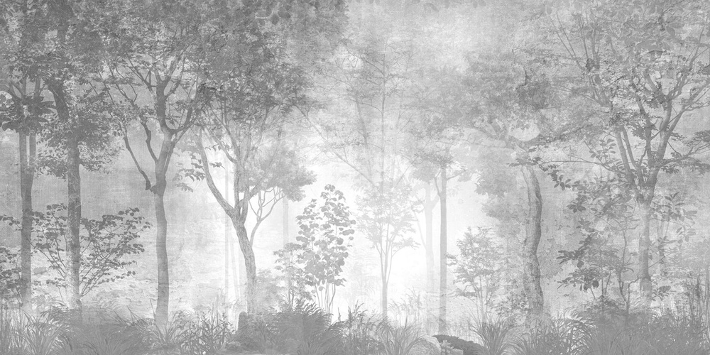 Фотообои флизелиновые на стену 3д GrandPik 26027 Лофт "Лес, деревья в тумане, винтаж, серые", 600х300 #1