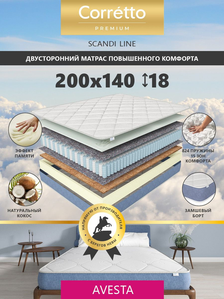 Матрас 140х200 пружинный на кровать, ортопедический и массажный эффект, Corretto  #1