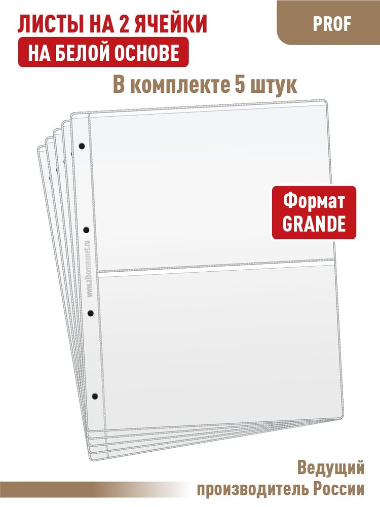 Комплект из 5 листов "ПРОФ" для хранения бон (банкнот) на 2 ячейку, односторонние на белой основе. Формат #1