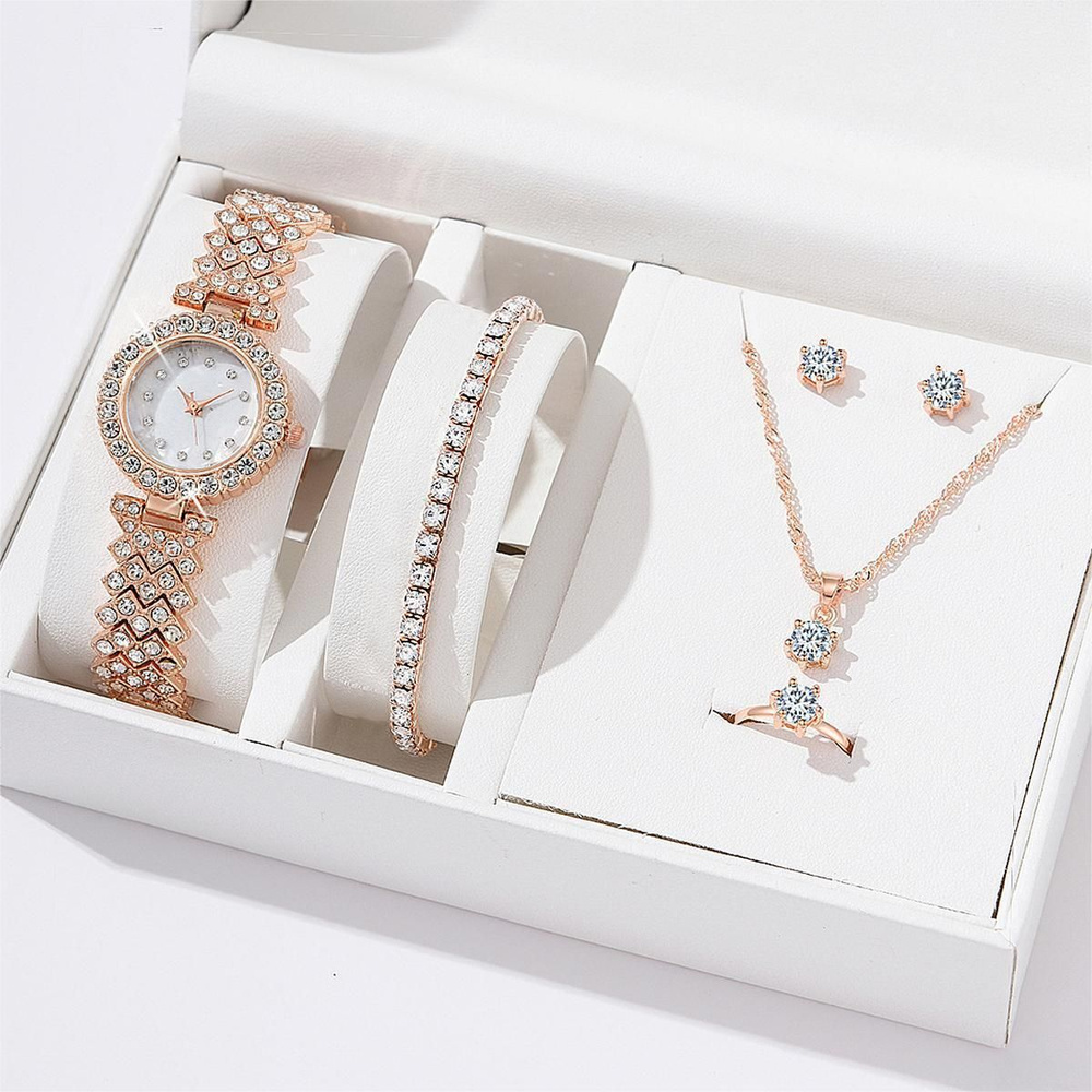 Часы женские с браслетом, цепочкой, серьгами и кольцом / часы женские кварцевые  #1