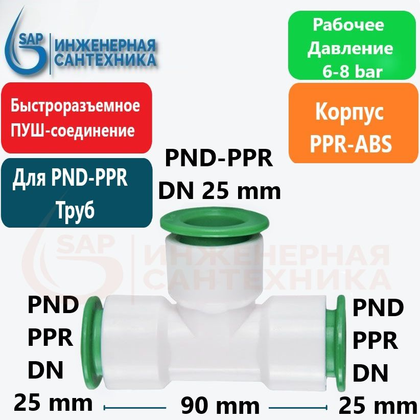 Тройник для ПНД и ППР труб, DN 25-25-25, Пуш фитинг, 5 Штук #1