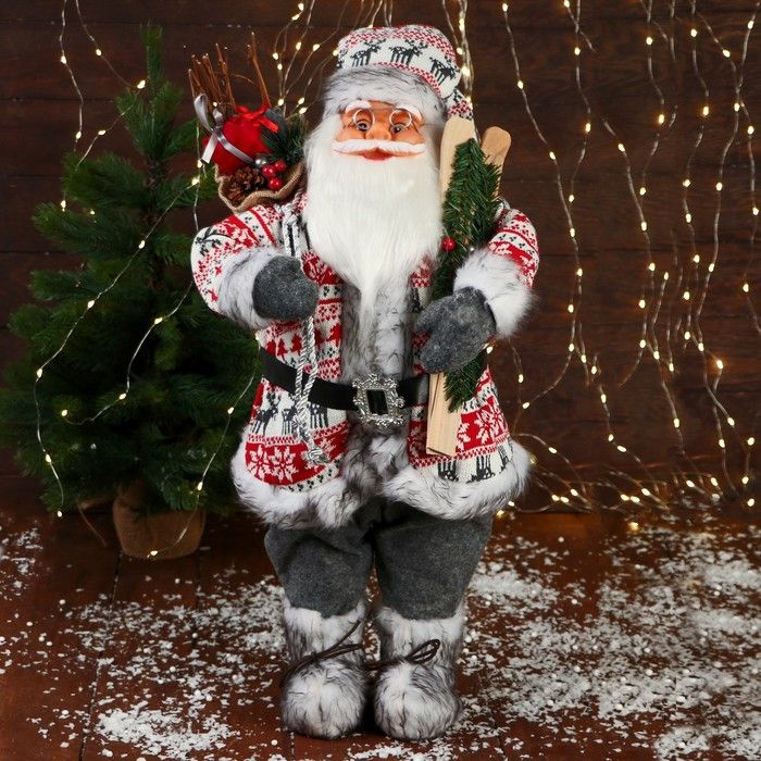 Декоративная кукла КНР "Дед Мороз", в костюме с орнаментом, с лыжами и веточками, 60 см, красно-белый #1