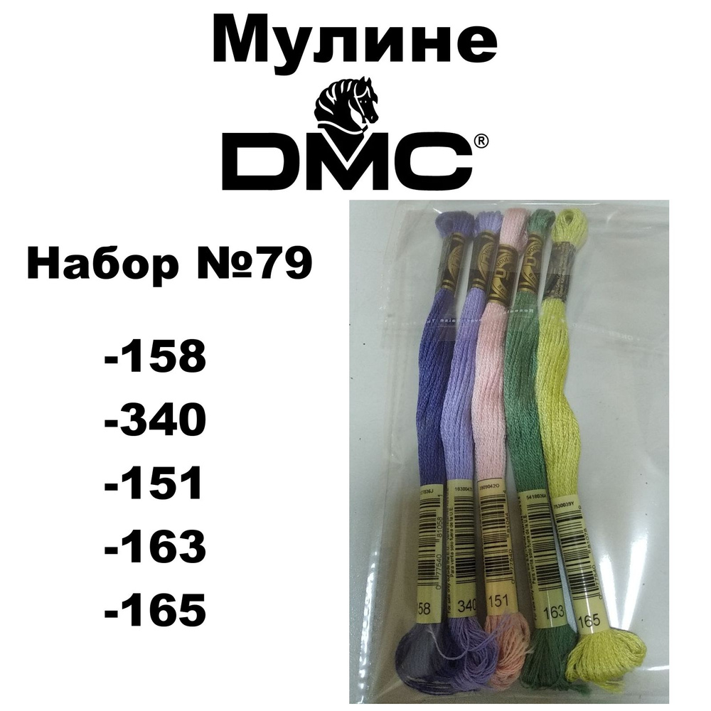 Нитки мулине DMC Embroidery для вышивания / Набор №79 / цвета 158, 340, 151, 163, 165  #1