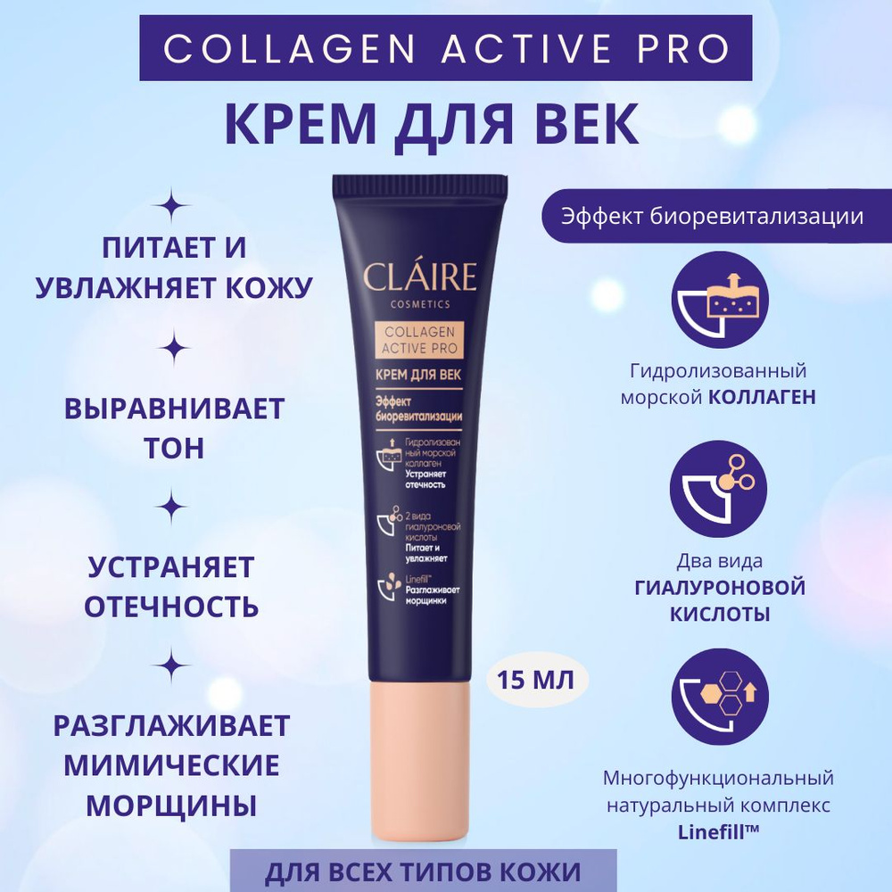 Claire Cosmetics Крем для век эффект биоревитализации серии Collagen Active Pro, 15 мл  #1