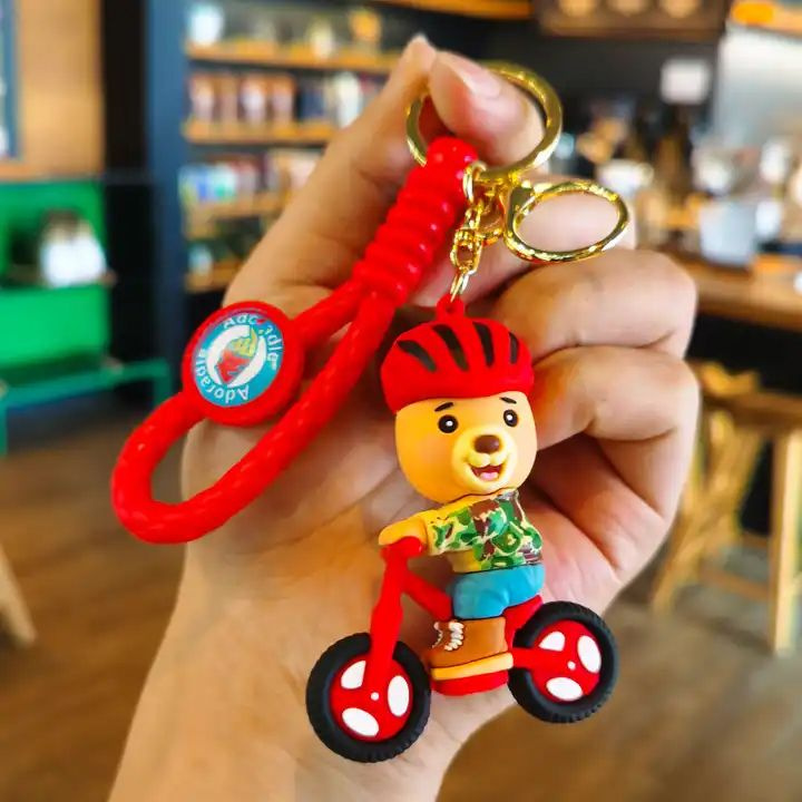 Брелок для ключей Мишка на велосипеде красный из Силикона  #1