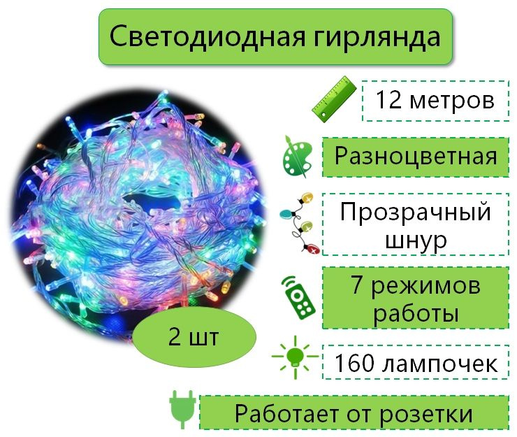 Светодиодная гирлянда нить, разноцветная, 12м, 160 лампочек, 2 шт  #1